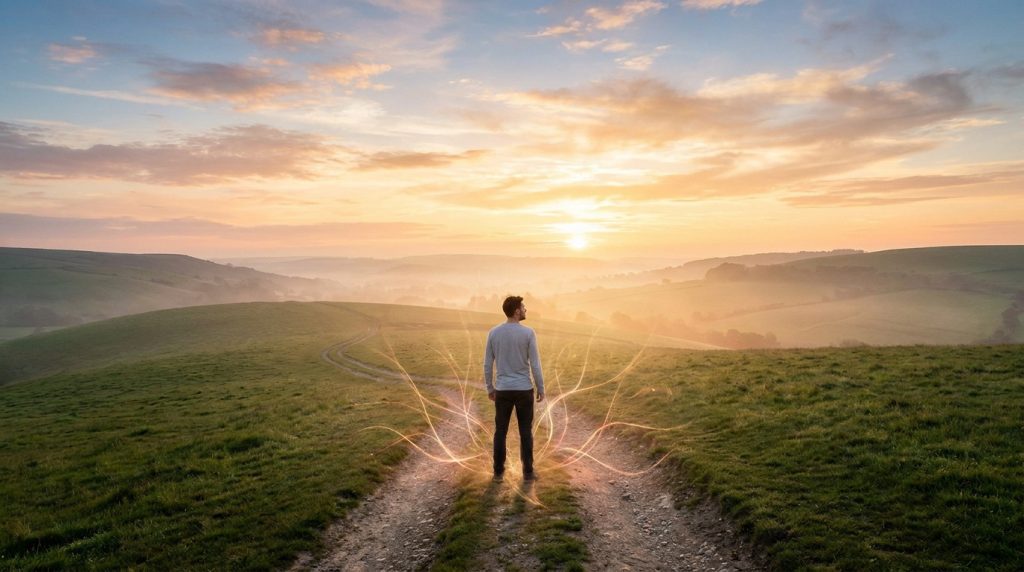 Un homme debout sur un chemin de campagne au coucher du soleil, entouré d'une aura lumineuse symbolisant l'énergie.