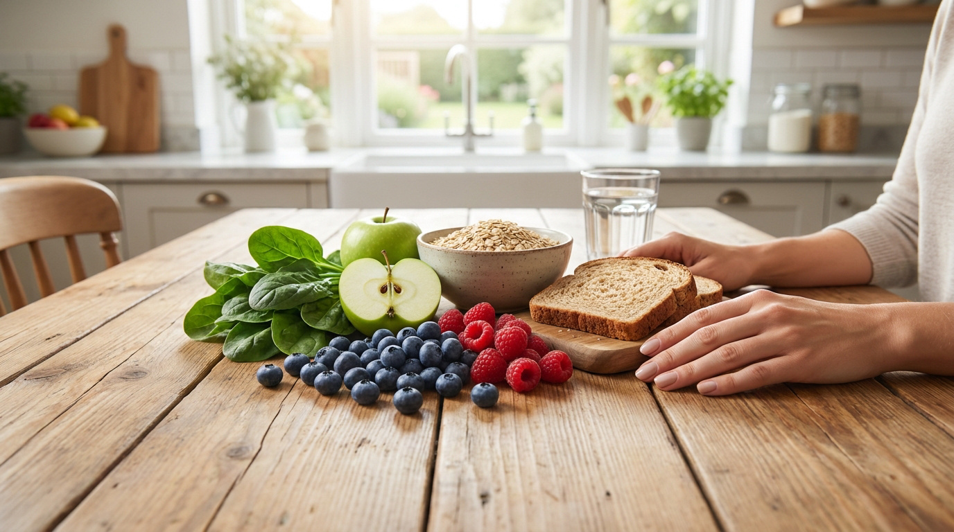 Assortiment d'aliments riches en fibres comme des fruits, des épinards, de l'avoine et du pain complet sur une table.