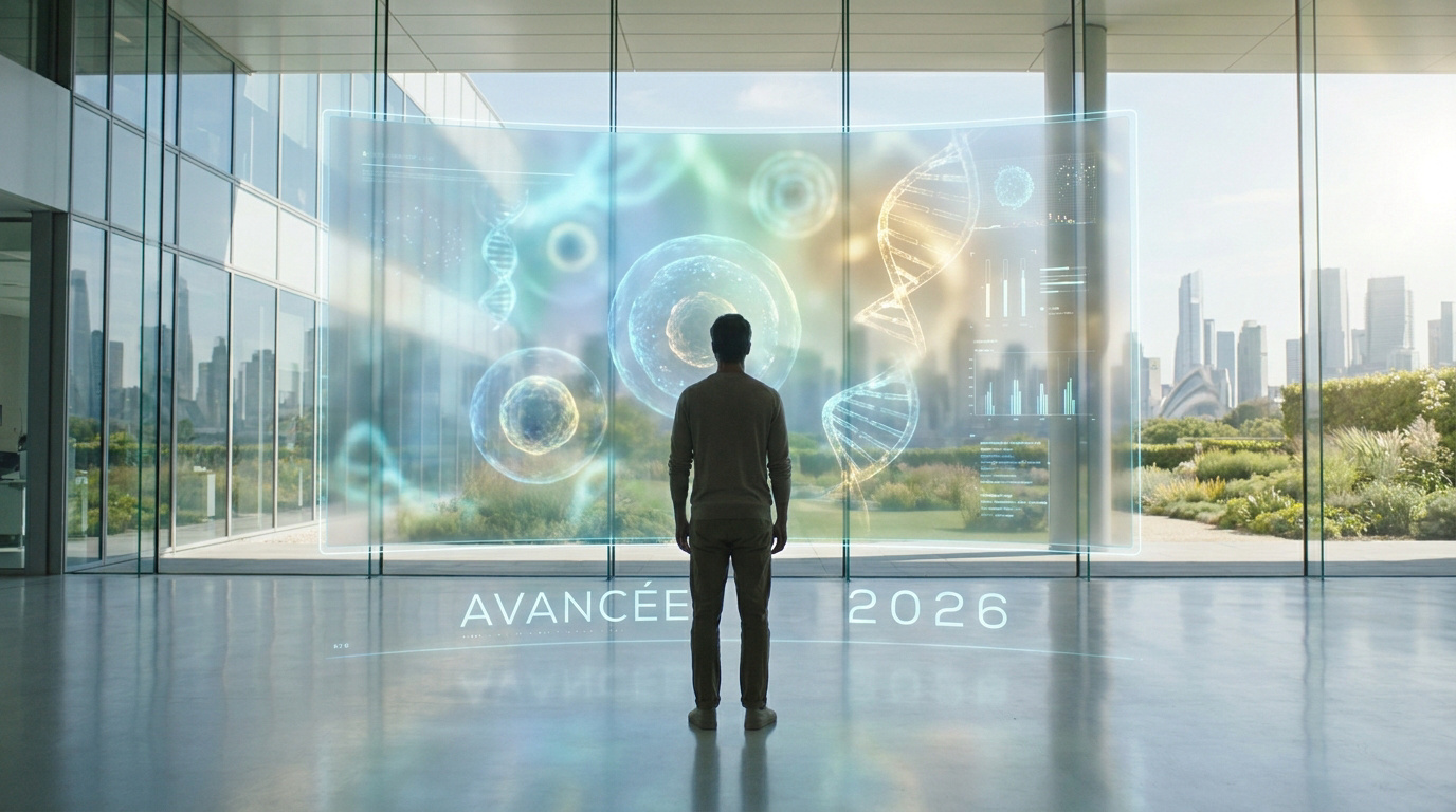 Un homme regarde un écran holographique affichant des structures cellulaires et de l'ADN dans un environnement moderne.