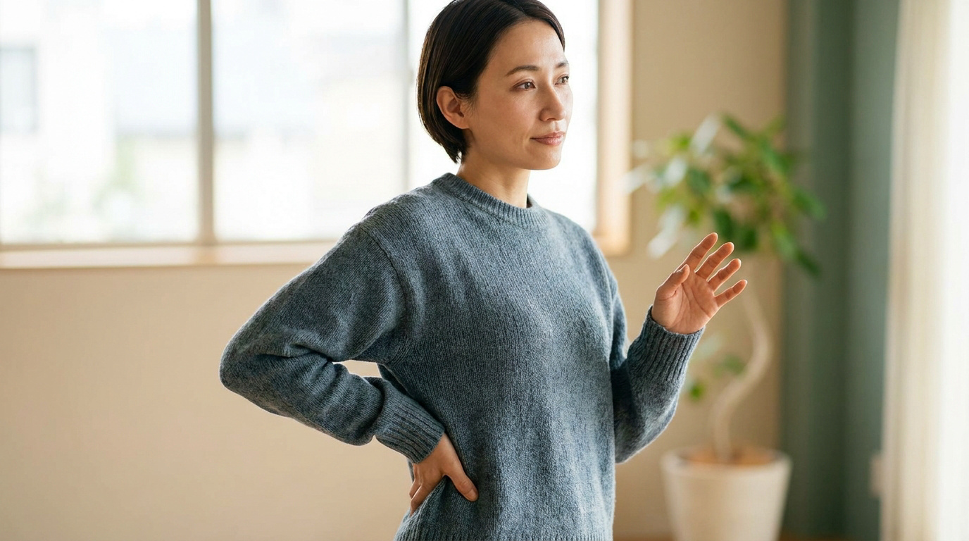 Femme aux cheveux courts portant un pull bleu, la main sur la hanche, exprimant une gêne physique.