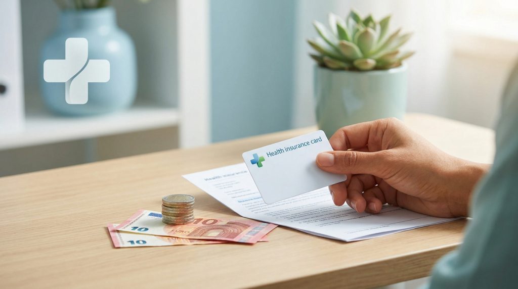 Main tenant une carte de mutuelle santé avec des billets et des pièces sur une table en bois.