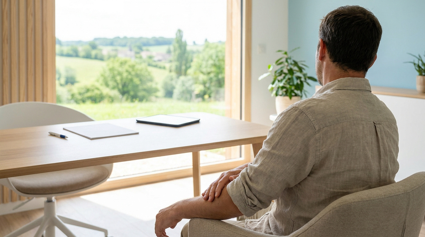 Un patient est assis dans un cabinet médical moderne avec une vue dégagée sur la nature, en attente de son examen.