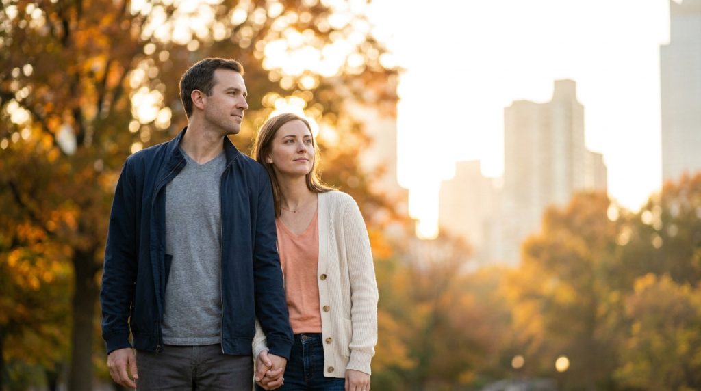 Un jeune couple tenant la main, marchant dans un parc urbain au coucher du soleil avec des arbres aux teintes d'automne.