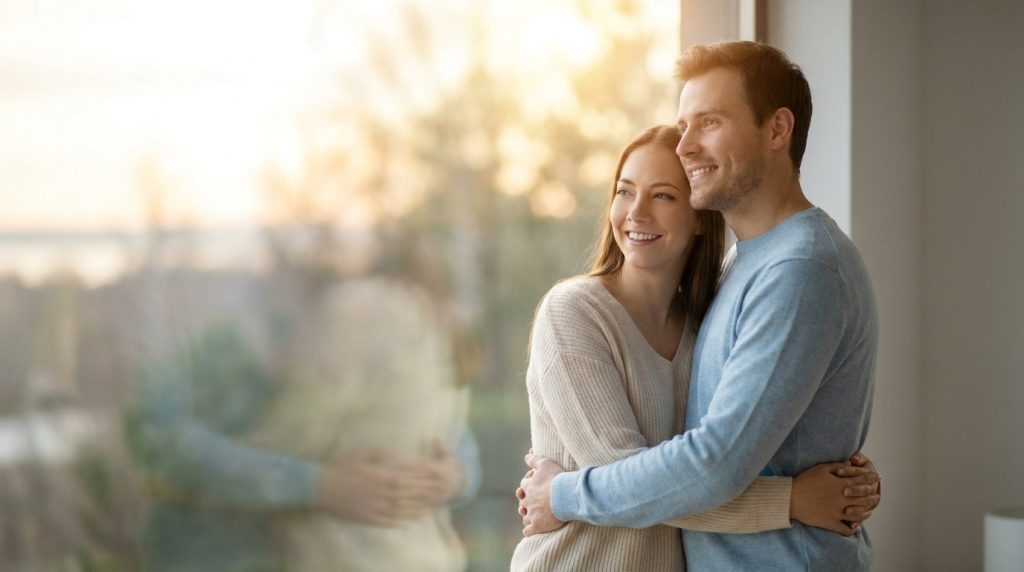 Un couple souriant s'enlace tendrement devant une fenêtre ensoleillée, symbolisant l'espoir et le projet d'enfant.
