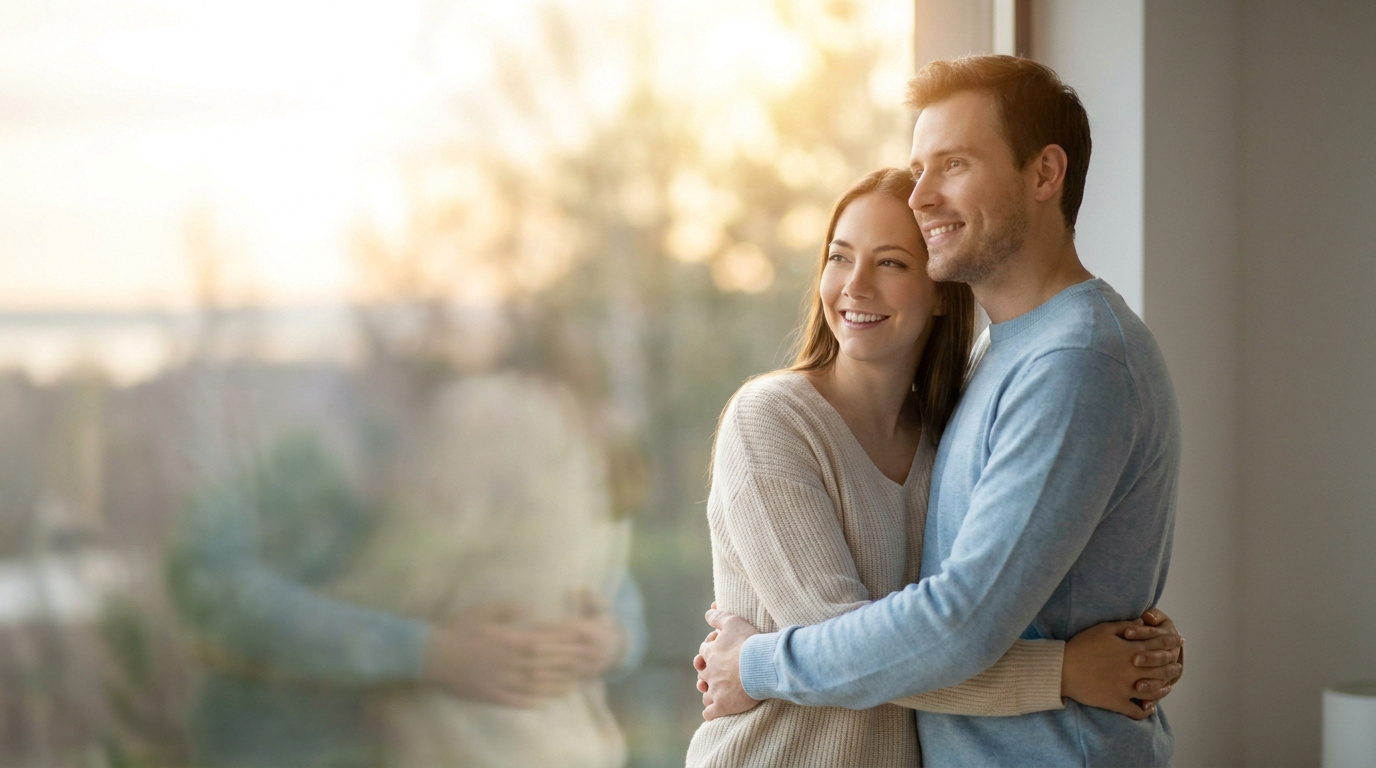 Un couple souriant s'enlace tendrement devant une fenêtre ensoleillée, symbolisant l'espoir et le projet d'enfant.