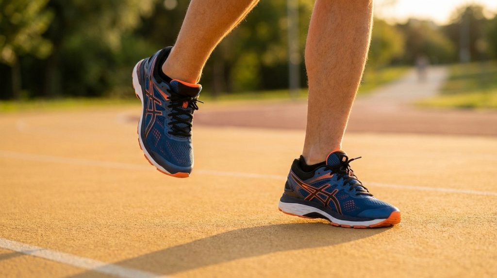 Gros plan sur les jambes et les chaussures d'un coureur en action sur une piste d'athlétisme sous un soleil couchant.