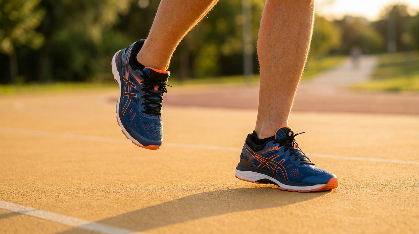 Gros plan sur les jambes et les chaussures d'un coureur en action sur une piste d'athlétisme sous un soleil couchant.