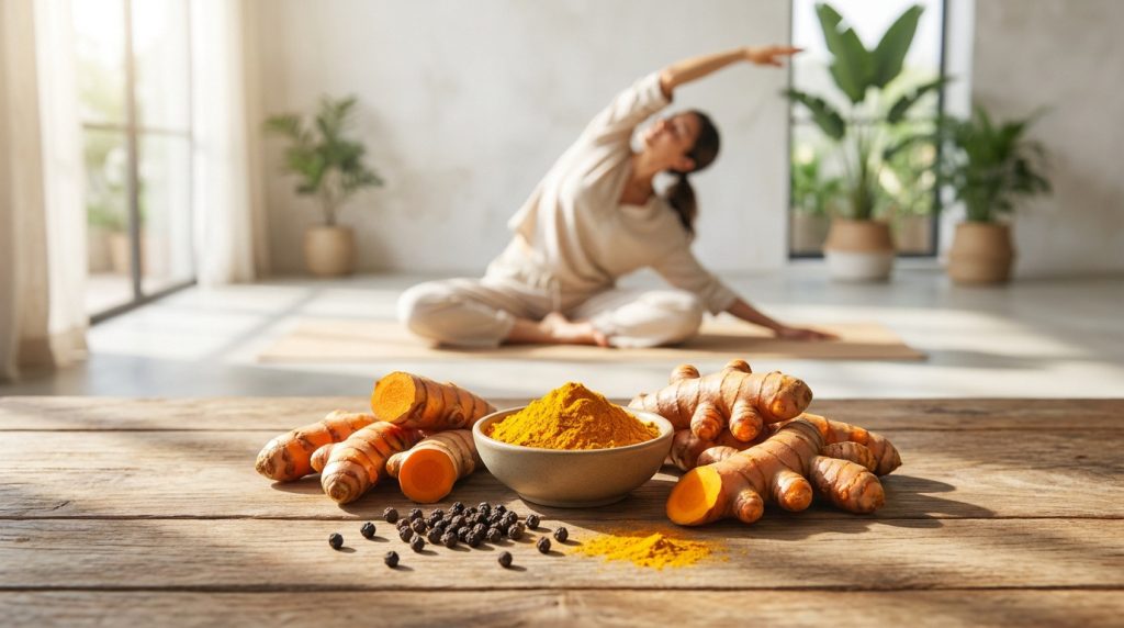 Bol de curcuma en poudre avec des racines fraîches et des grains de poivre noir devant une femme pratiquant le yoga.