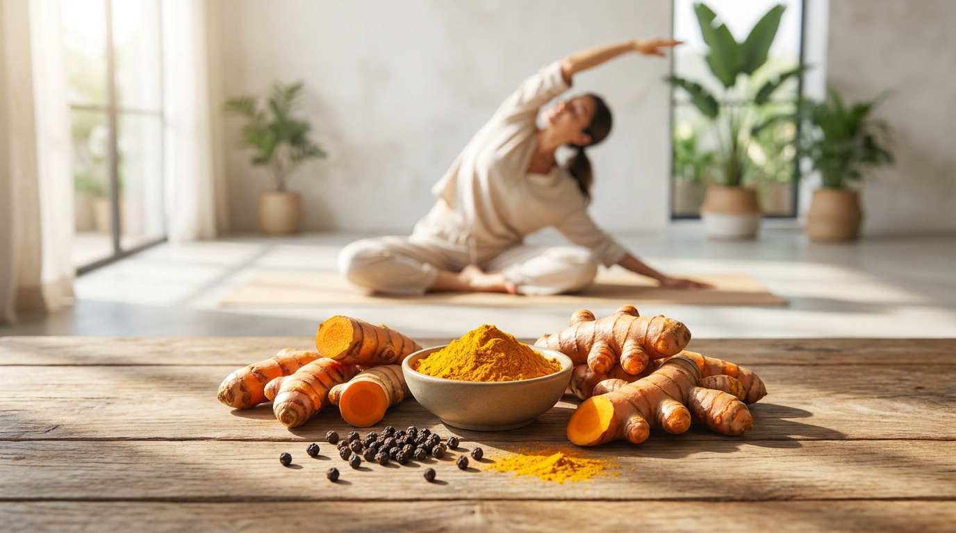 Bol de curcuma en poudre avec des racines fraîches et des grains de poivre noir devant une femme pratiquant le yoga.