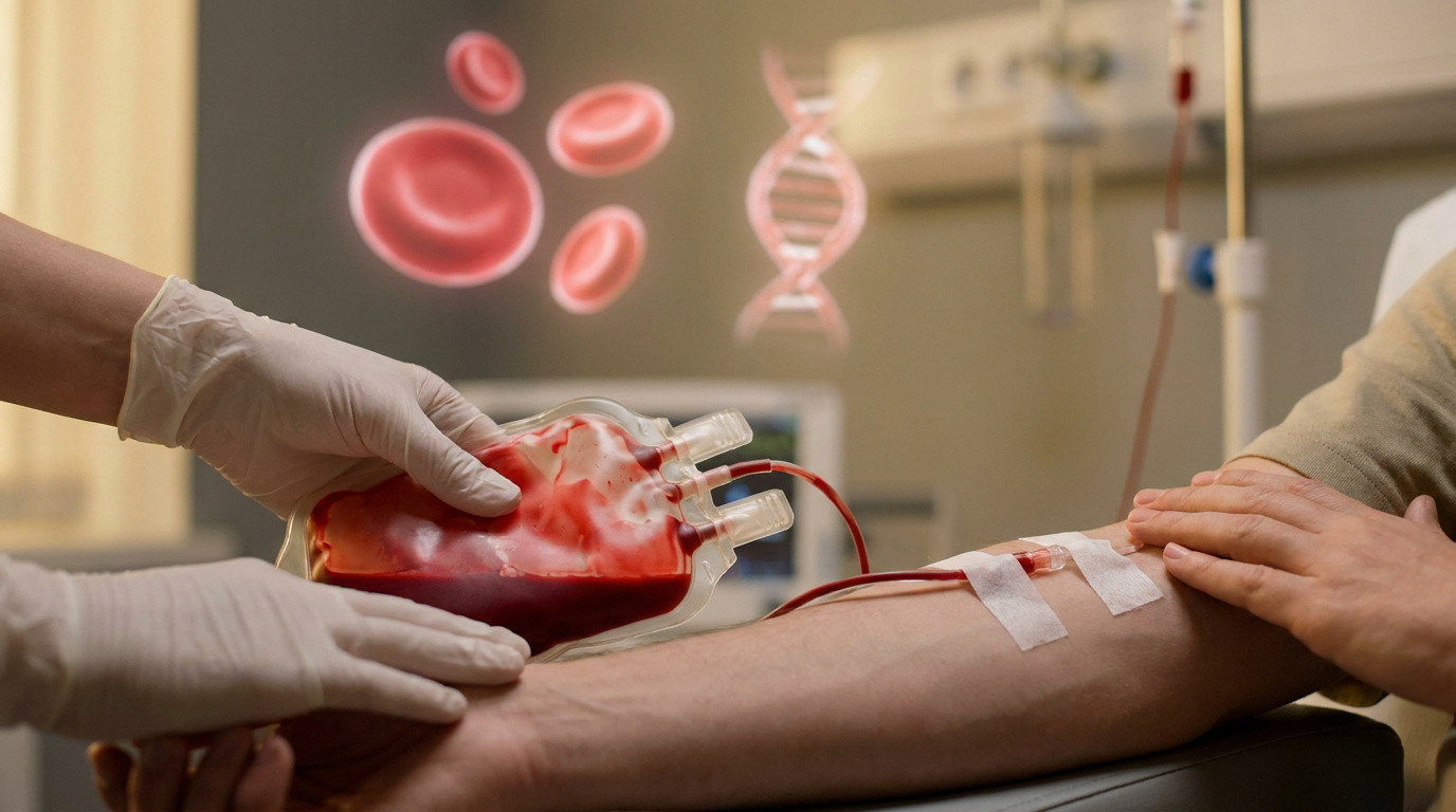 Un professionnel de santé effectue une transfusion sanguine, avec des icônes de cellules sanguines et d'ADN en arrière-plan.