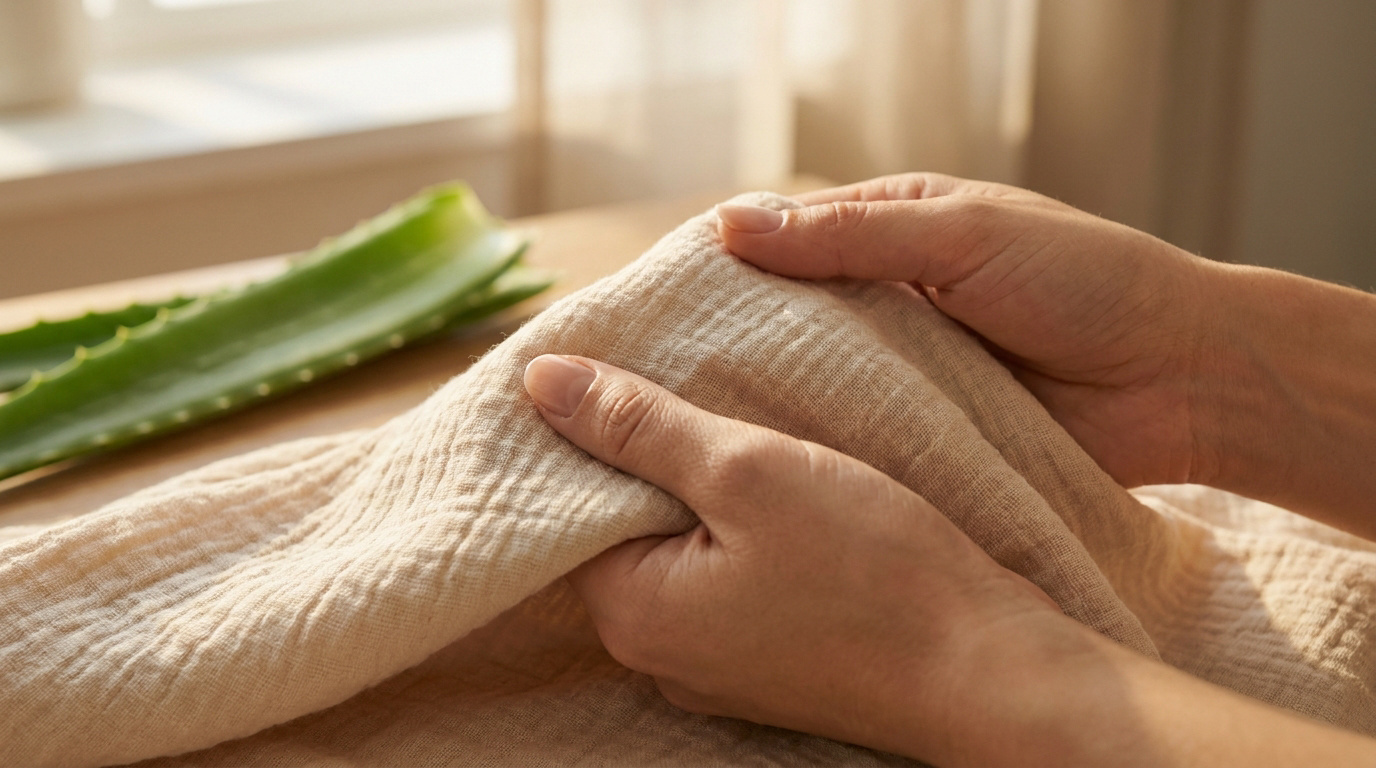 Mains tenant un tissu en coton naturel doux près d'une feuille d'aloe vera sur une table en bois clair.