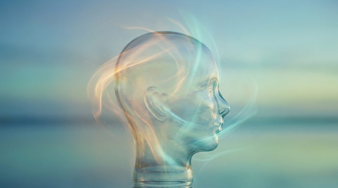 Tête en verre transparente entourée de volutes de lumière colorée sur un fond flou, symbolisant la guérison mentale.