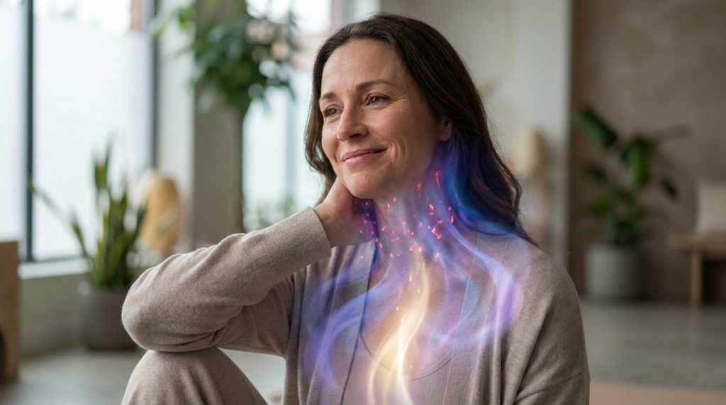 Femme souriante touchant son cou avec une visualisation graphique de l'énergie autour de sa thyroïde.