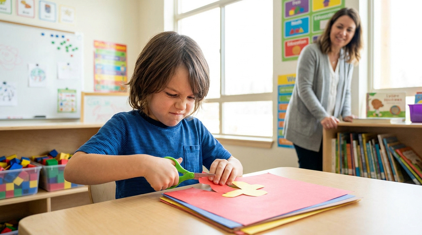 Un jeune garçon concentré découpe du papier coloré avec des ciseaux sous la supervision d'une ergothérapeute.