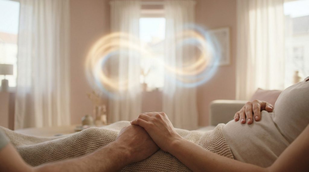 Couple se tenant la main devant un symbole lumineux de l'infini représentant le lien d'une grossesse multiple.