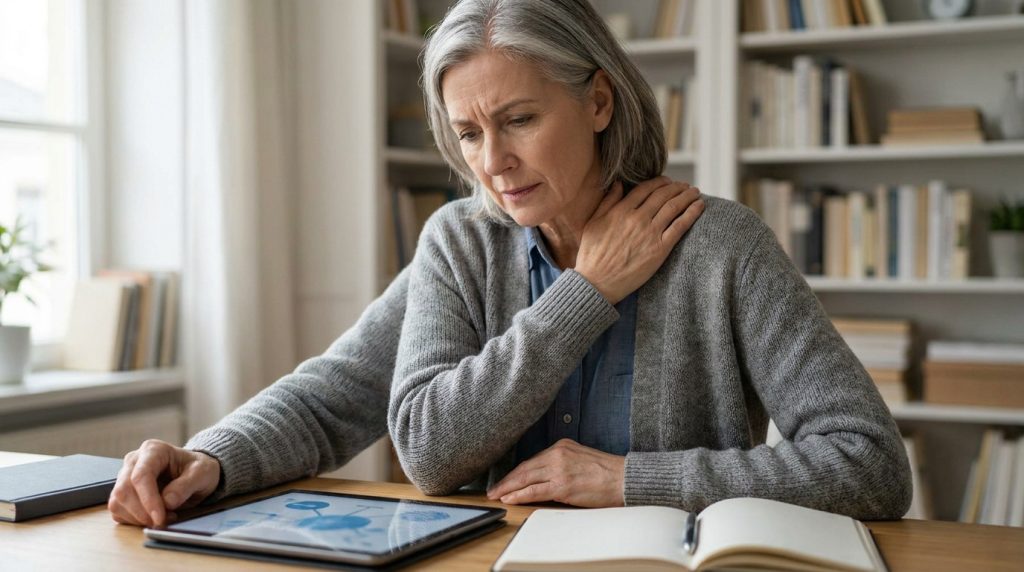 Une femme âgée assise à un bureau, tenant son épaule avec une expression de douleur en regardant une tablette.
