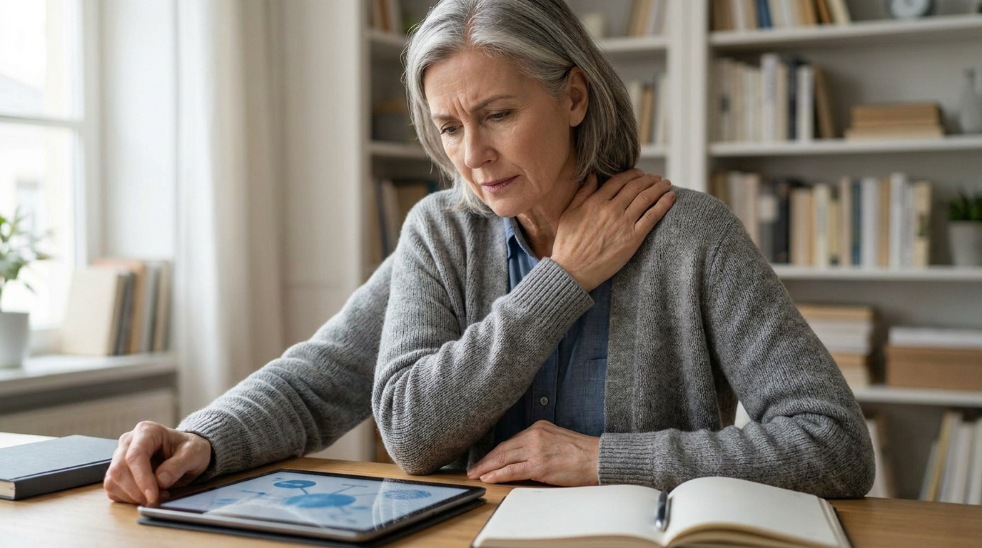Une femme âgée assise à un bureau, tenant son épaule avec une expression de douleur en regardant une tablette.