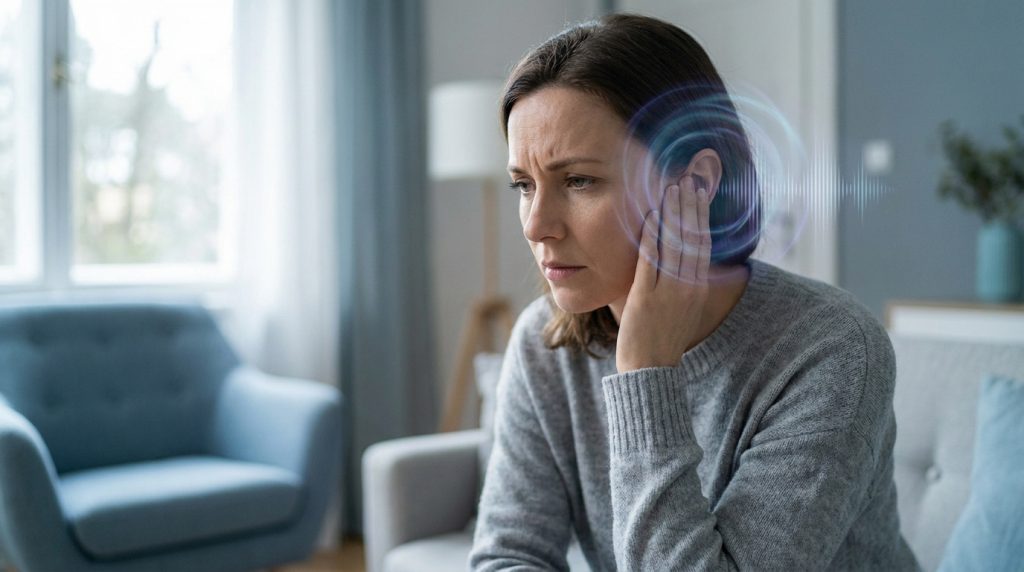 Une femme préoccupée se tient l'oreille avec un effet visuel d'ondes sonores symbolisant des acouphènes.
