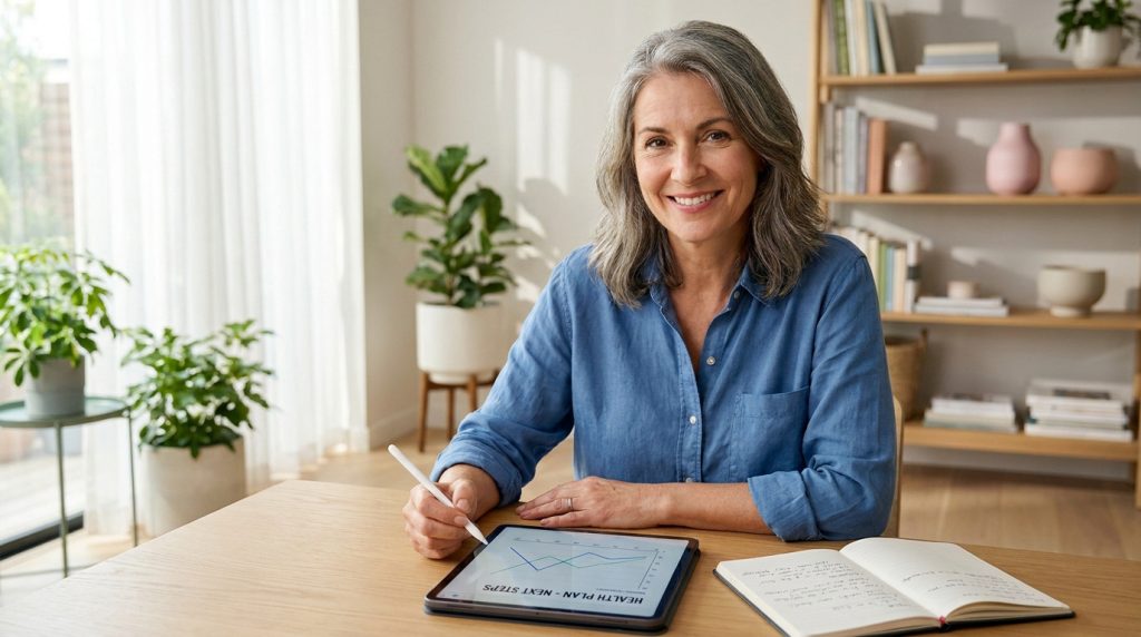 Une femme souriante aux cheveux gris consulte un graphique de santé sur une tablette dans un intérieur lumineux.