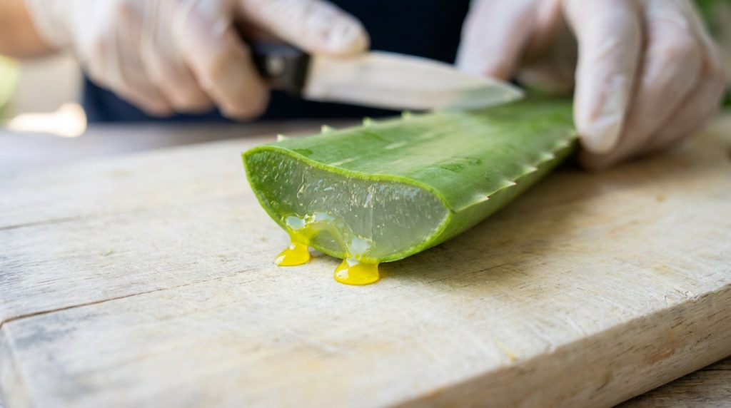 Une main gantée découpe une feuille d'aloe vera sur une planche en bois, laissant s'écouler un latex jaune.