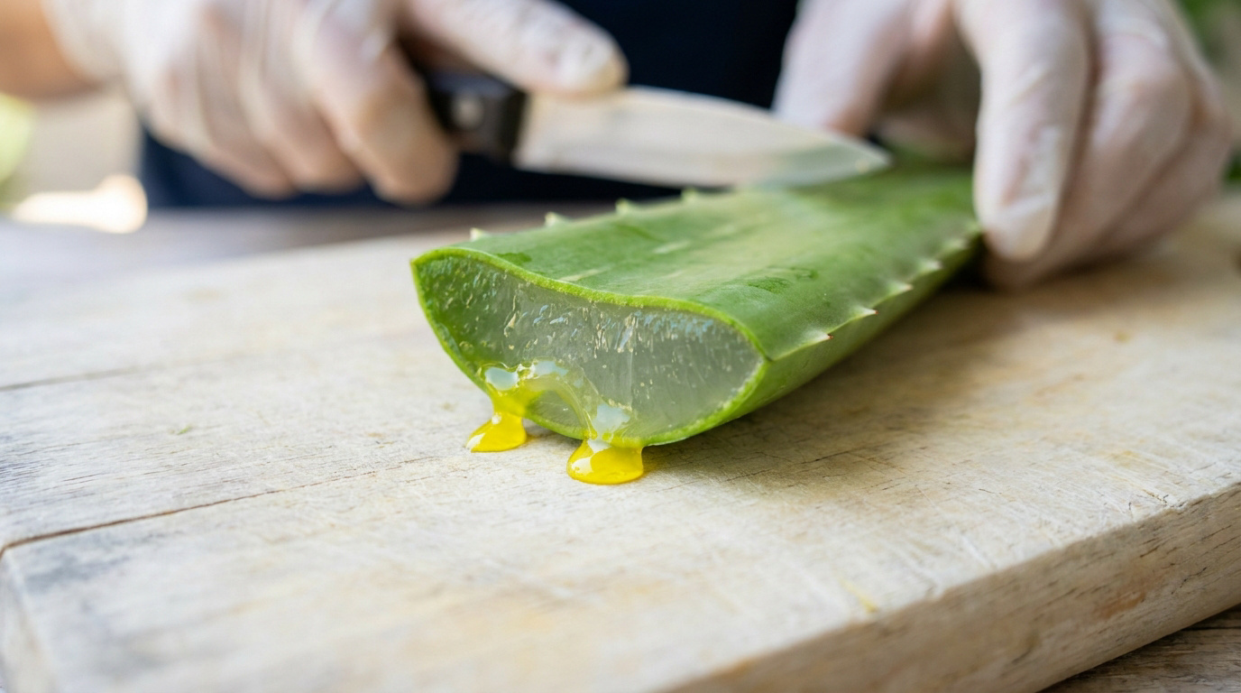Une main gantée découpe une feuille d'aloe vera sur une planche en bois, laissant s'écouler un latex jaune.