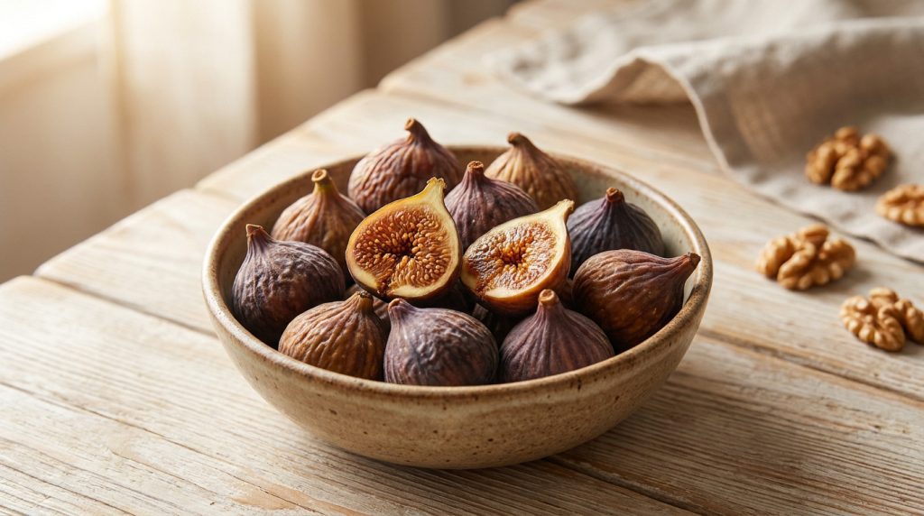 Un bol en céramique rempli de figues sèches entières et coupées en deux, posé sur une table en bois clair.