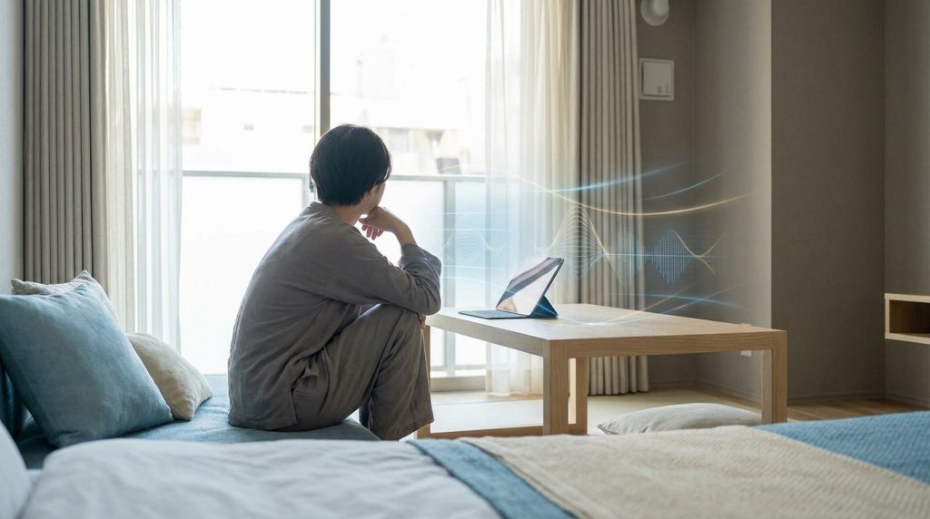 Une personne assise dans une chambre lumineuse, regardant par la fenêtre avec une représentation numérique d'ondes sonores.