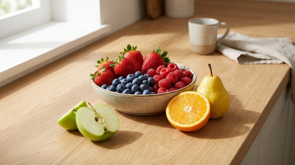 Un bol de baies fraîches accompagné d'une poire, d'une orange coupée et d'une pomme verte sur une table en bois.