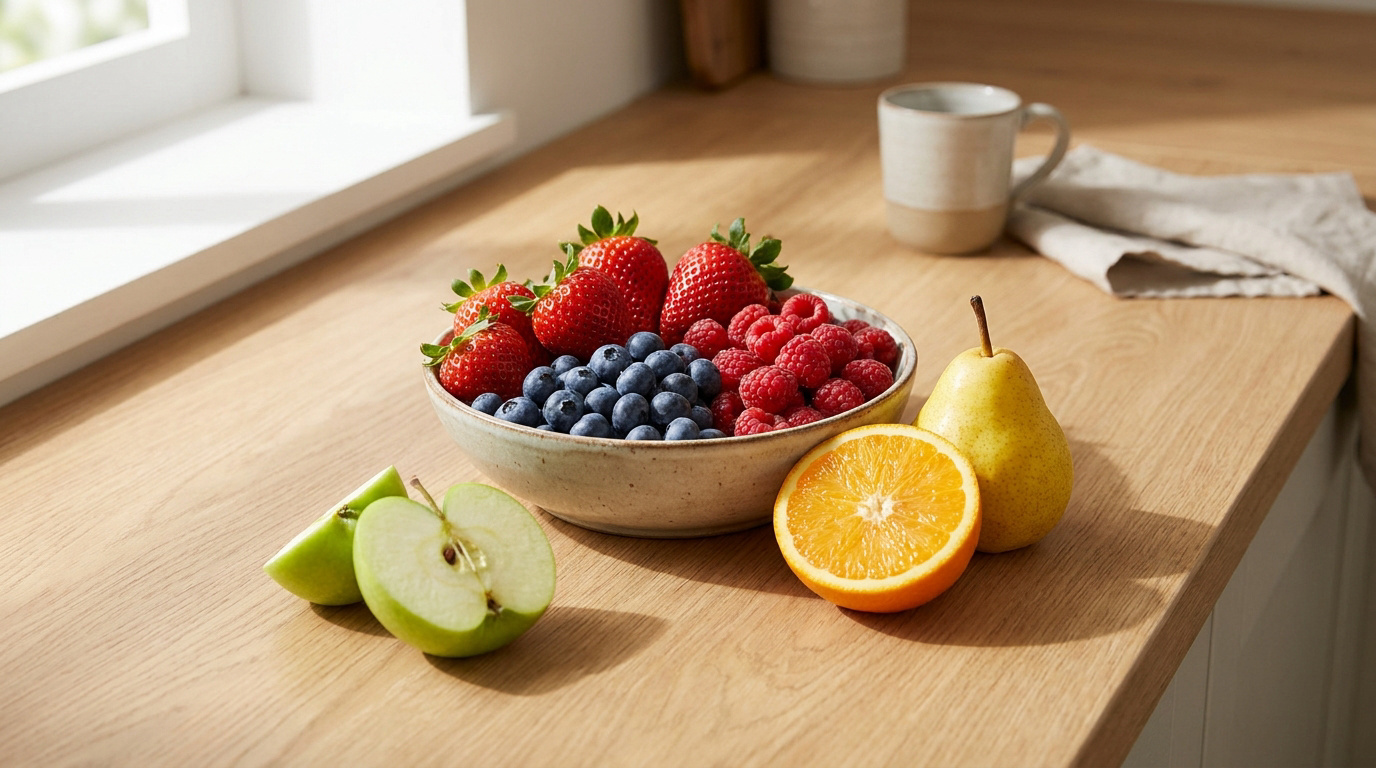 Un bol de baies fraîches accompagné d'une poire, d'une orange coupée et d'une pomme verte sur une table en bois.