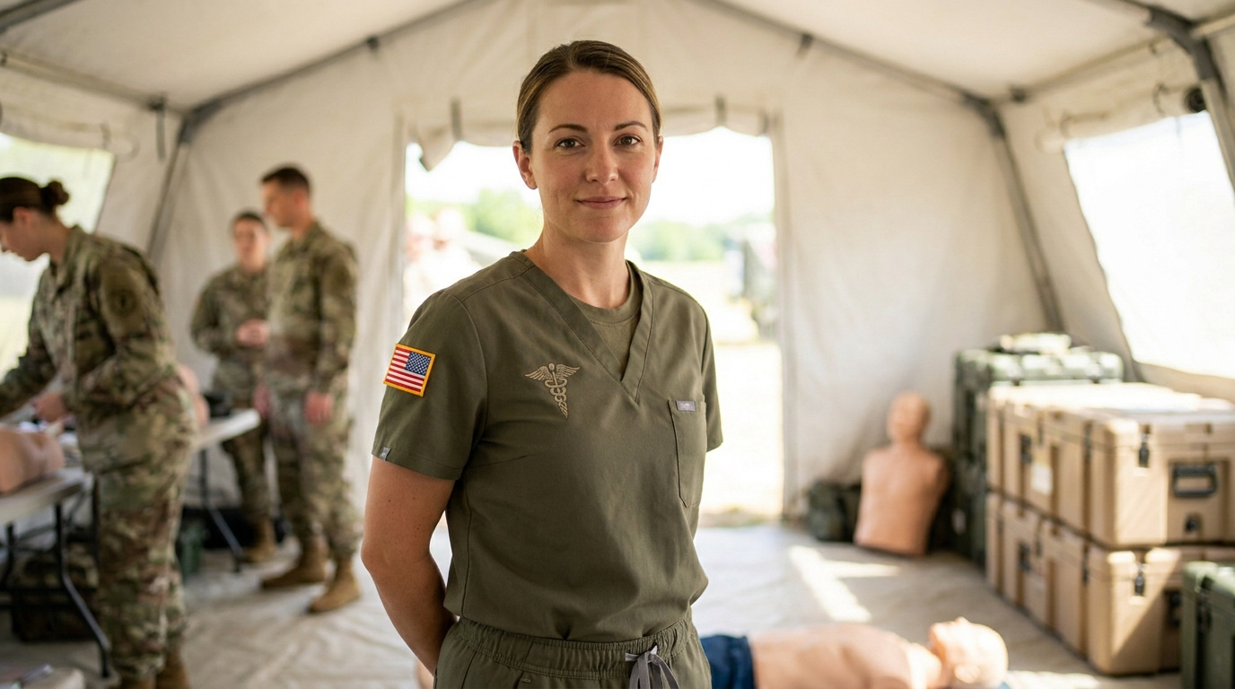 Infirmière militaire en uniforme dans une tente médicale avec d'autres soldats à l'arrière-plan.
