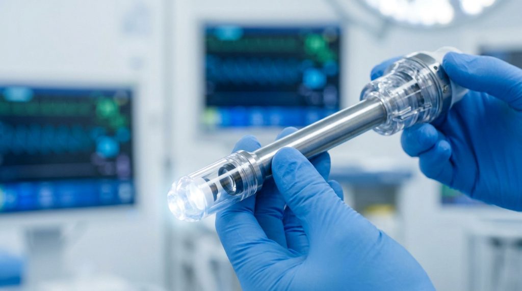 Mains gantées tenant un trocart chirurgical transparent et métallique dans un bloc opératoire flou.