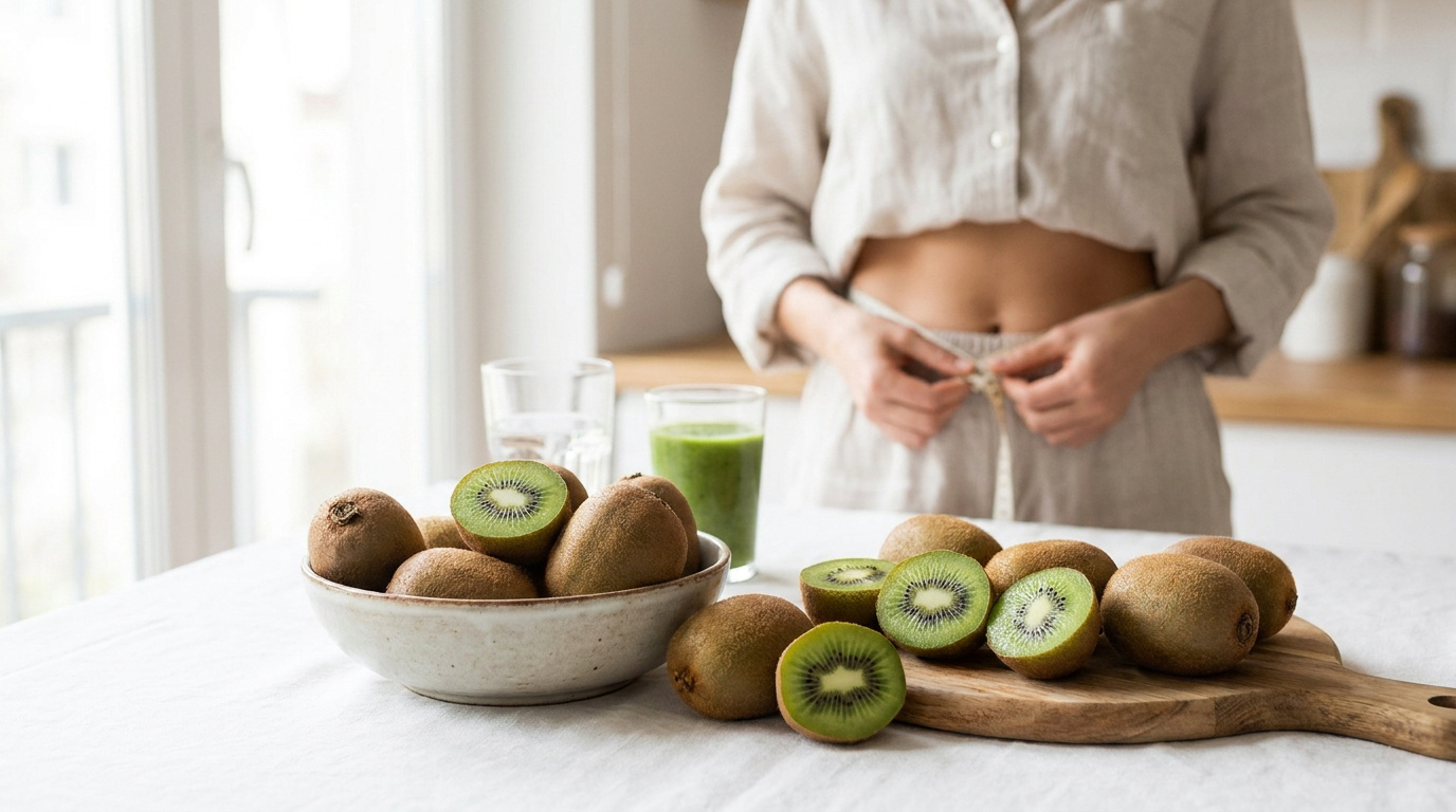 Une personne se mesure la taille avec un mètre ruban près d'un bol de kiwis frais.