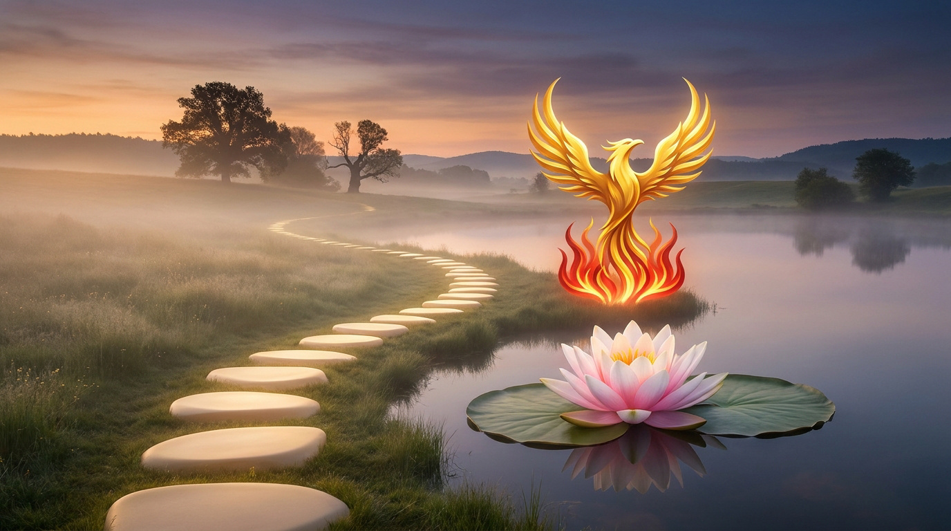 Un phénix enflammé surplombant un lotus sur un lac au coucher du soleil avec un chemin de pierres.