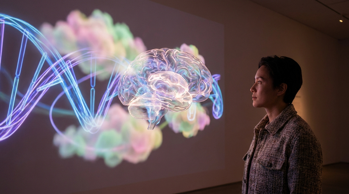 Une personne observe une projection numérique d'un cerveau humain et d'une double hélice d'ADN en arrière-plan.