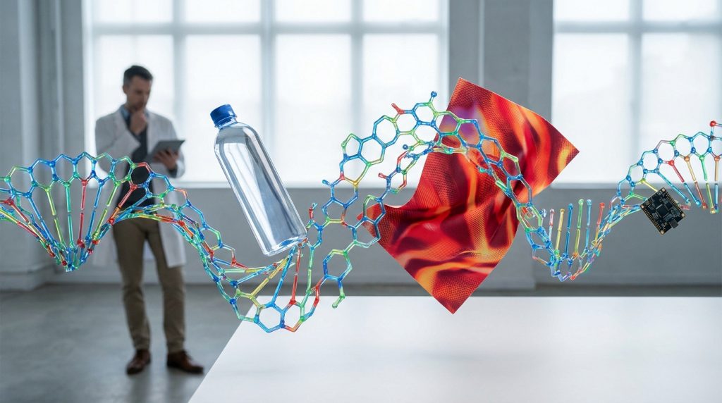 Modèle moléculaire en 3D avec une bouteille, une feuille texturée et un composant électronique devant un chercheur.