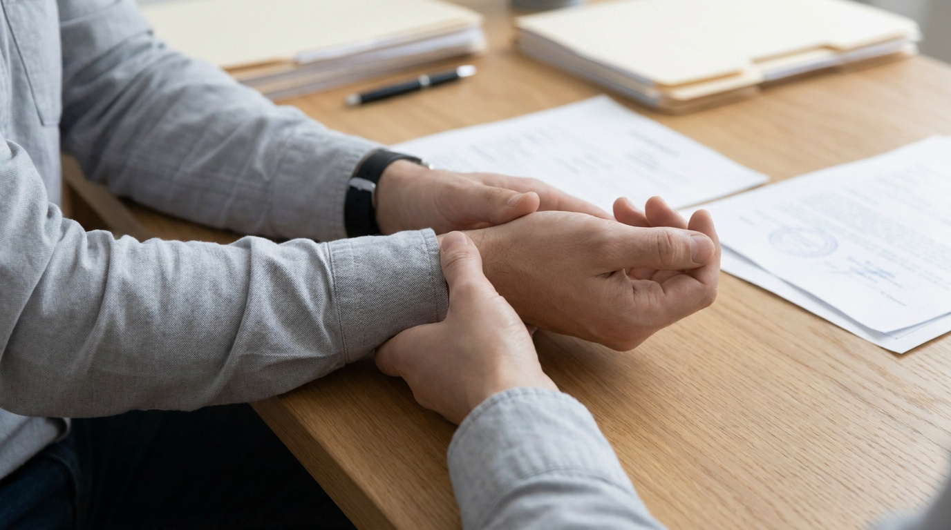 Personne se tenant le poignet en raison d'une douleur, travaillant à un bureau avec des documents administratifs.