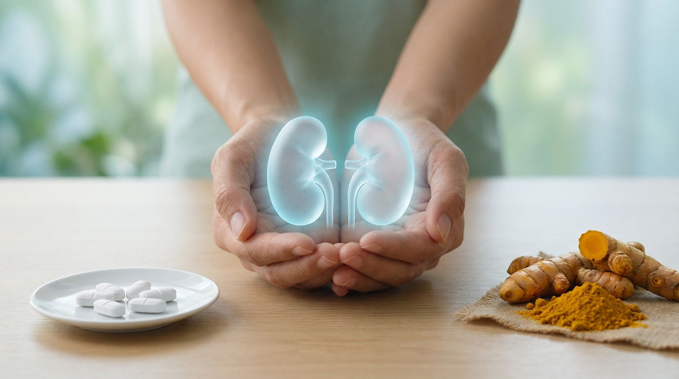 Mains tenant des reins lumineux au-dessus de comprimés et de curcuma pour symboliser la santé rénale.