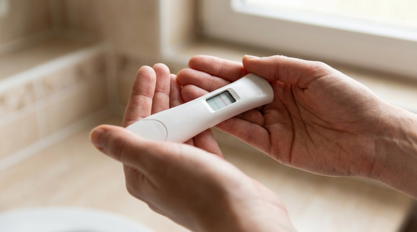 Gros plan sur des mains tenant un test de grossesse positif avec deux lignes visibles, devant une fenêtre.