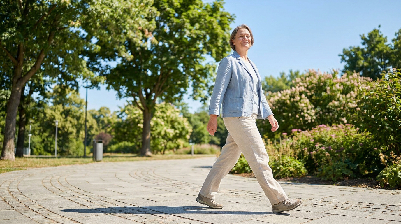 Une femme mature marche sereinement sur un sentier pavé dans un parc ensoleillé.