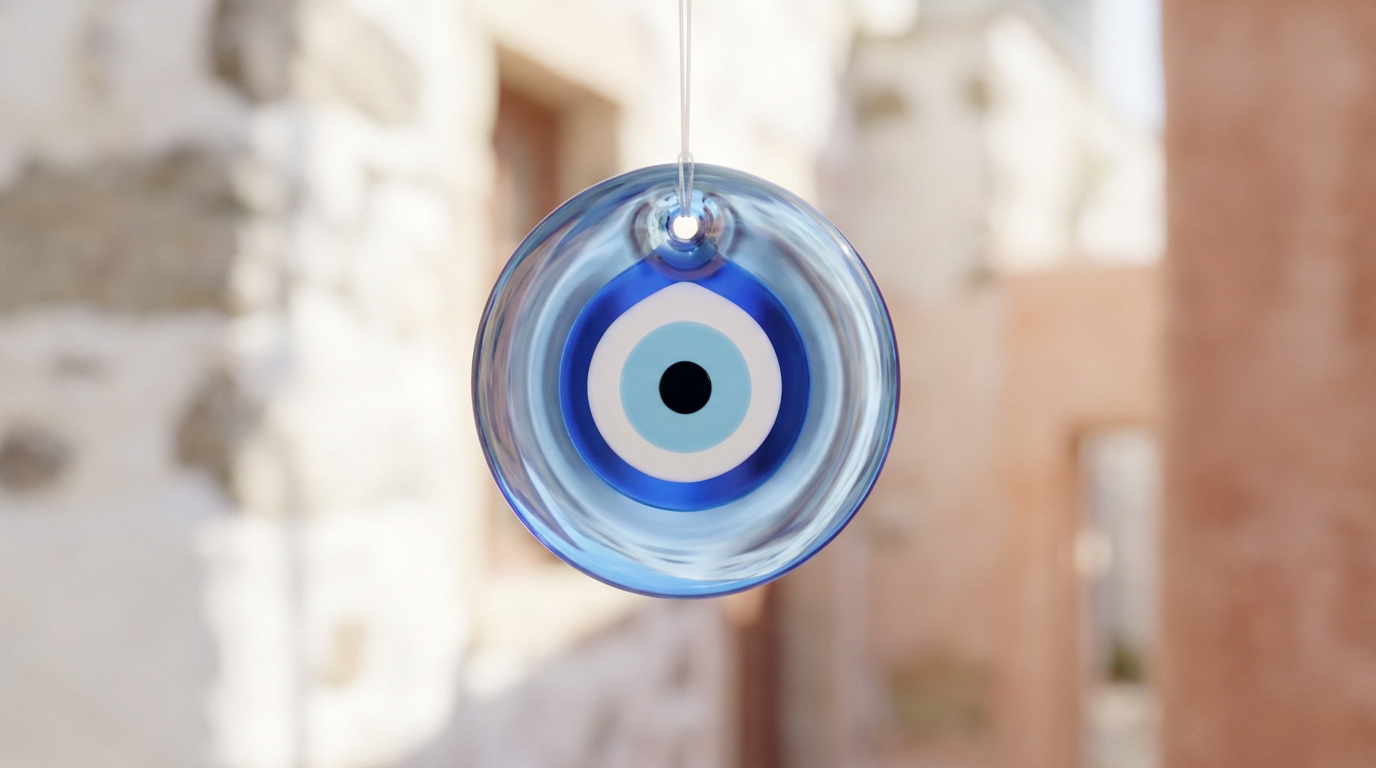 Un talisman nazar bleu en verre suspendu devant un décor flou aux teintes méditerranéennes.