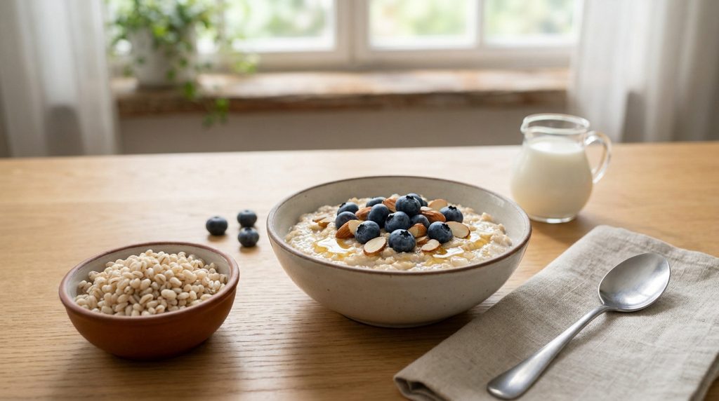Bol de porridge aux myrtilles et amandes avec une petite coupelle d'orge sur une table en bois.