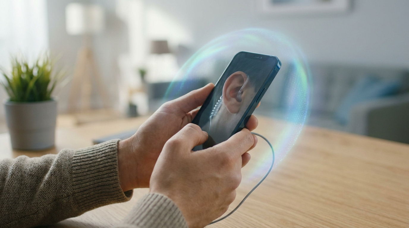 Mains tenant un smartphone avec un champ de protection numérique translucide autour de l'appareil.