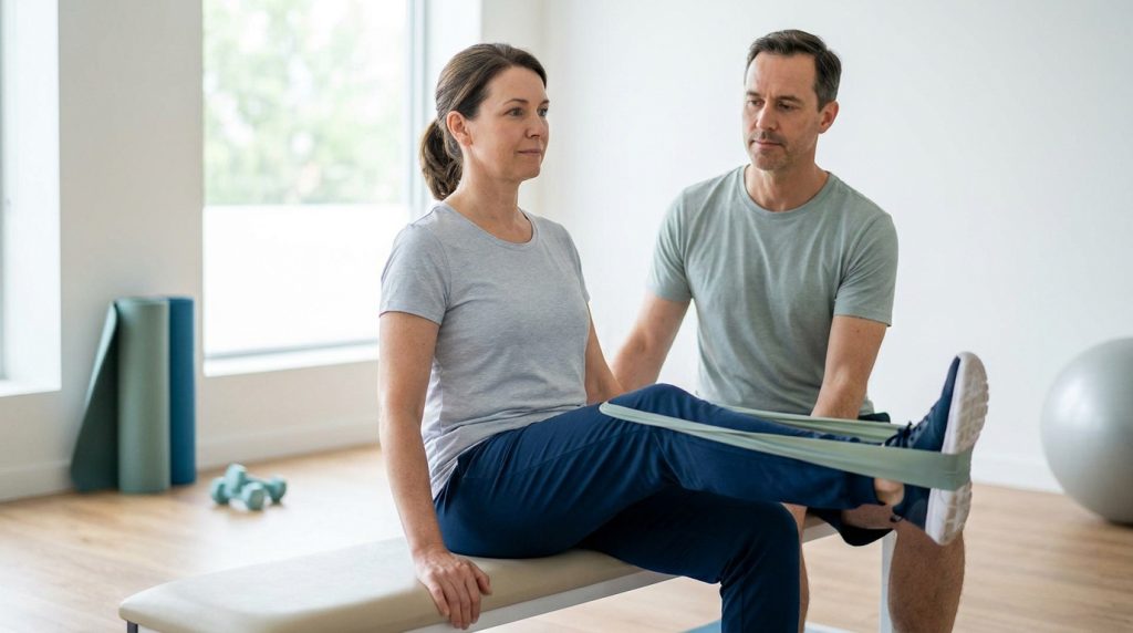 Une femme assise effectue un exercice de jambe avec une bande élastique assistée par son kinésithérapeute.