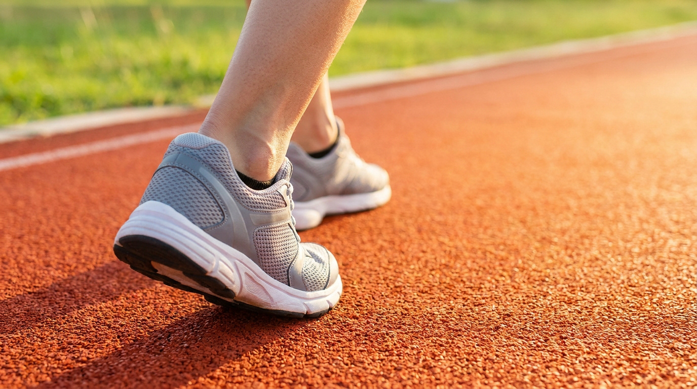Gros plan sur les pieds d'un coureur portant des chaussures de sport sur une piste d'athlétisme ensoleillée.