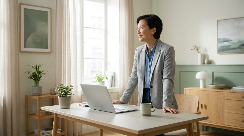 Femme souriante en tailleur gris debout devant son ordinateur dans un bureau lumineux et apaisant.