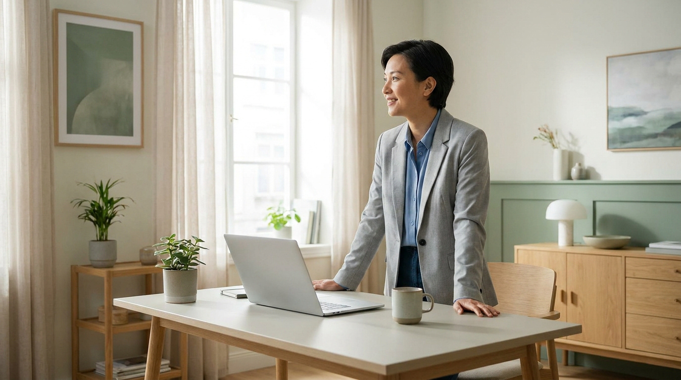 Femme souriante en tailleur gris debout devant son ordinateur dans un bureau lumineux et apaisant.