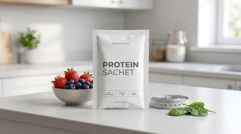 Un sachet de poudre protéinée posé sur un comptoir de cuisine avec un bol de baies, un mètre ruban et des épinards.