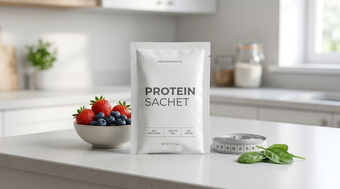 Un sachet de poudre protéinée posé sur un comptoir de cuisine avec un bol de baies, un mètre ruban et des épinards.
