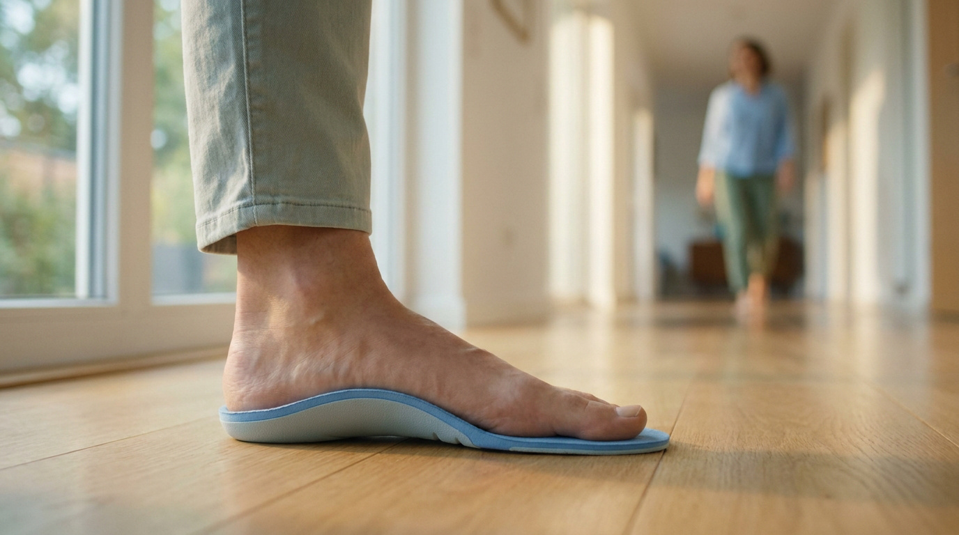 Pied nu posé sur une semelle orthopédique bleue à l'intérieur d'une maison lumineuse.