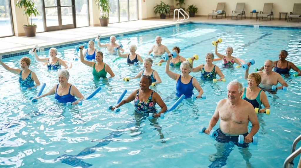 Un groupe de personnes âgées souriantes pratiquant l'aquagym avec des haltères en mousse dans une piscine intérieure.